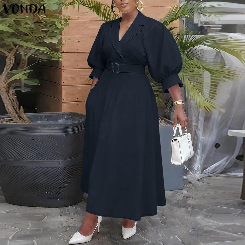 VONDA S-5XL Women V Neck 3/4 Sleeve Slim Waist Elegnat Casual Maxi Dress
