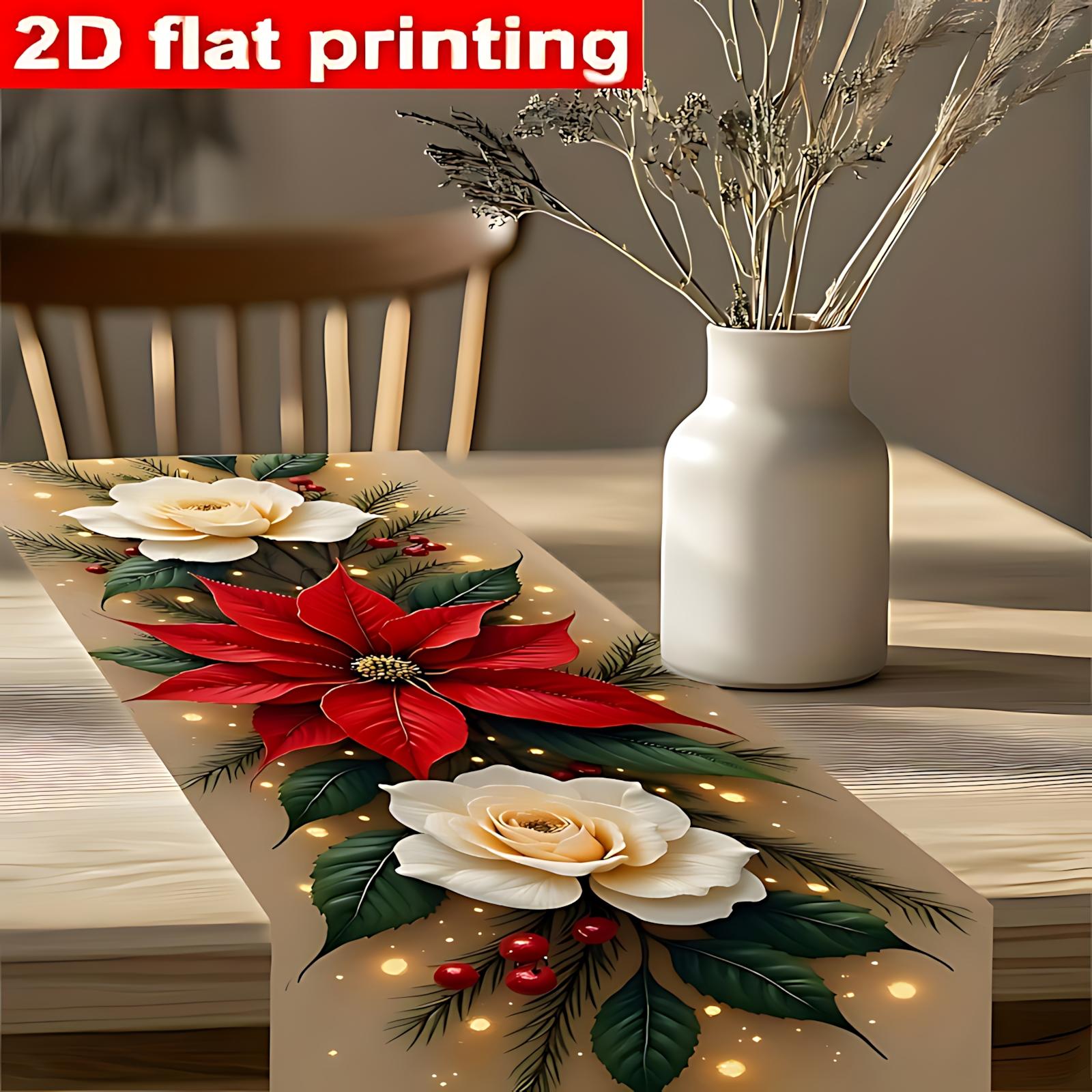 

Элегантная белая роза и сосна скатерть - 2D плоская печать праздничный декор с красной пуансеттией и зеленой листвой, для Рождества, Дня благодарения 40X140CM