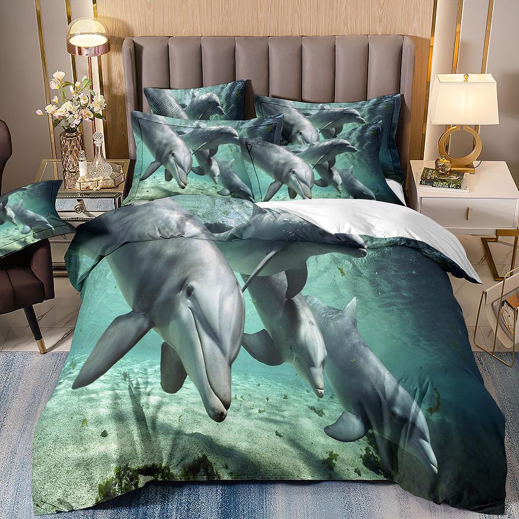 3D-gedruckte Heimtextilien Bettwäsche Delfin Meeresschildkröte Meerestier Quilt-Set Dreiteiliges Set