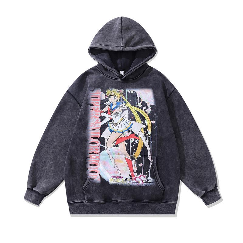 European And American High Street Washed Anime Pullover Hoodie Couple Casual Direct Spray Print Loose Hooded Sweatshirt Men And Women