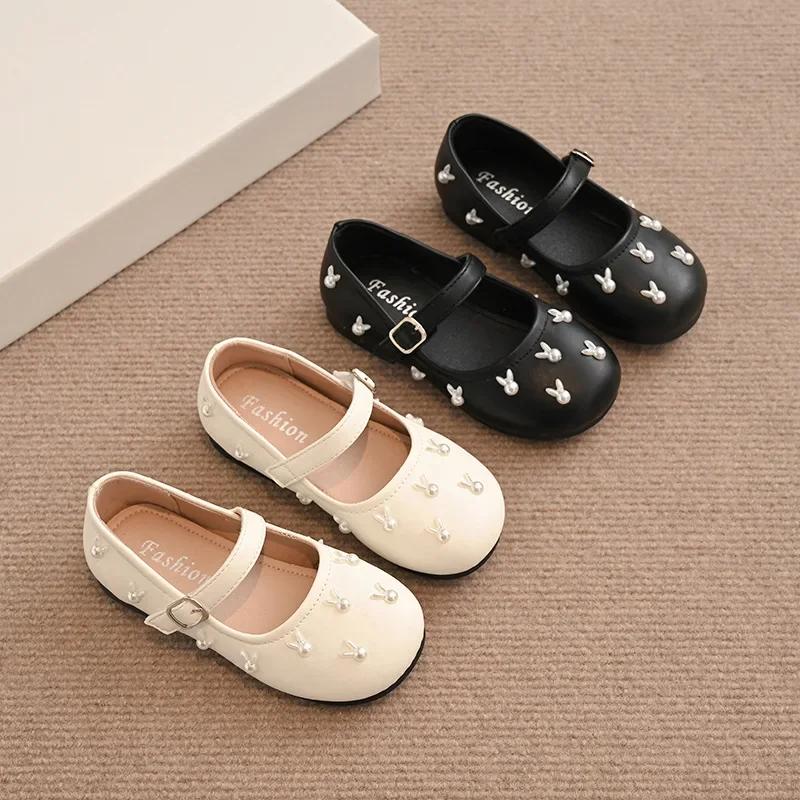 Children Flat Shoes with Sweet Rabbits Kids Princess Shoes Non-slip Soft Sole 2025 New Fashion Girls Leather Shoes Round Toes