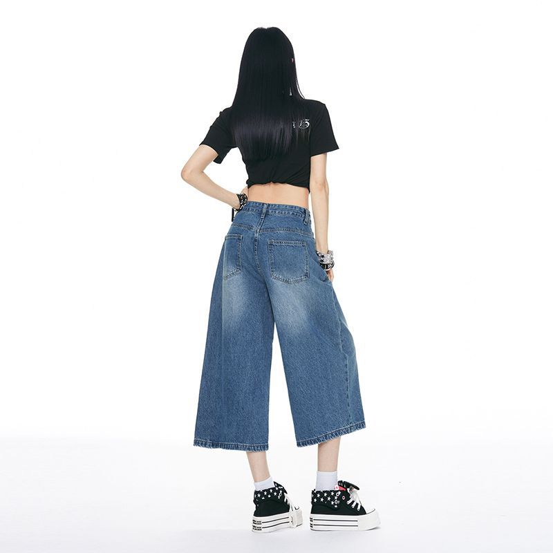 Trendy Summer Vintage Loose Wide Leg Straight Cropped Capri Denim Pants For Women Versatile Slimming FigureFlattering Daily Capri Trousers