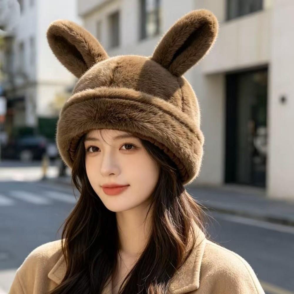 Solid Color Plush Pullover Cap Bunny Ear Protection Hat Funny Rabbit Ears Beanies Winter