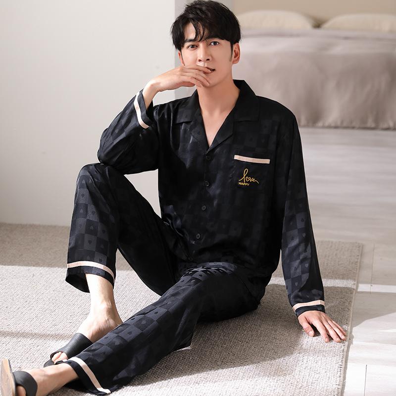 

Пижама мужская весенне-осенняя из ледяного шелка с длинным рукавом тонкая летняя имитация шелка с высоким чувством стиля можно носить как домашнюю одежду 3XL