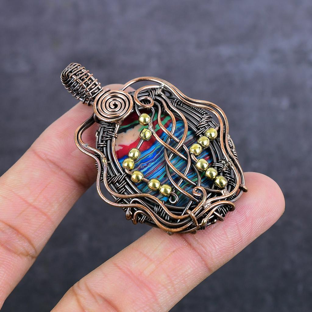 Rainbow Calsilica Gemstone Handmade Copper Wire Wrap Jewelry Pendant 2.29" T9A61