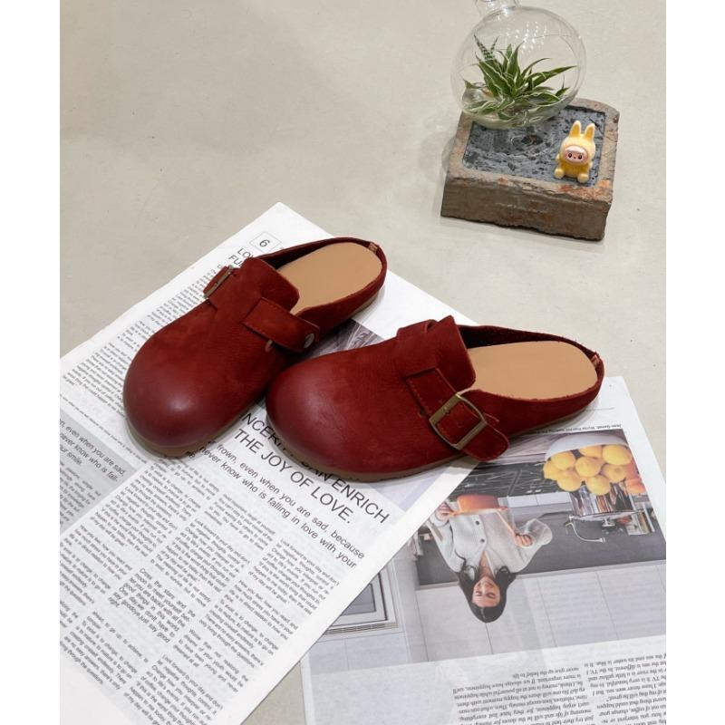 Cowhide bag head slippers women wear flat-bottomed retro lazy half-drag spring and autumn new soft-soled shoes