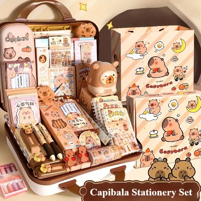Caixa de Presente de Grande Capacidade Kit de Papelaria Capivara Abundante e Fofo Kit de Presente para Volta às Aulas Estojo de Lápis Papelaria de Estudo para Estudantes