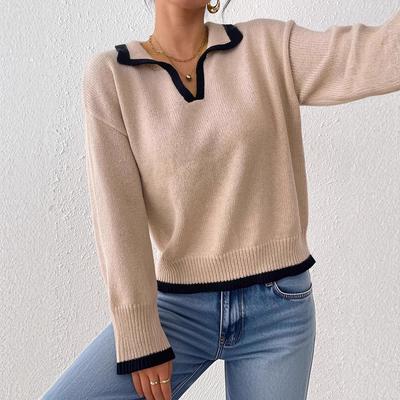 Damen Casual Polo-Kragen Revers Color-Blocking Pullover