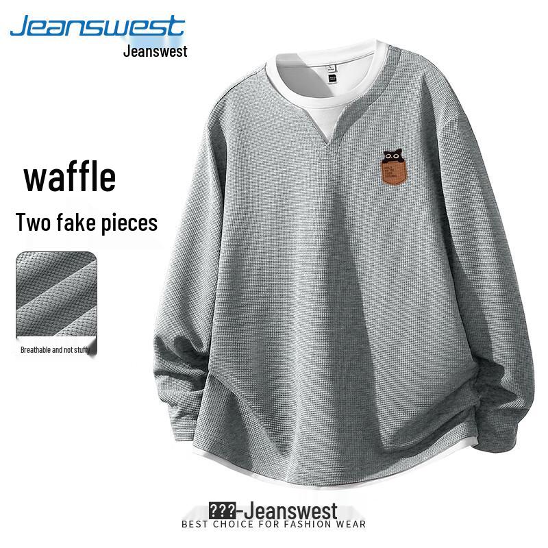 Jeanswest Men s Waffle Knit Faux Two-Piece T-Shirt with Black Cat Pocket XL