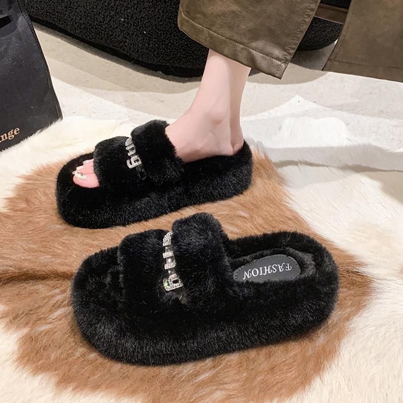 Premium sense versatile fluffy slippers women's autumn and winter new outer wear thick bottom heightening one-word cotton mop