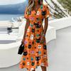 Women Halloween Print Casual Short Sleeve V Neck Midi Dress Comfortable Relaxed Fit Seasonal Patterned Design