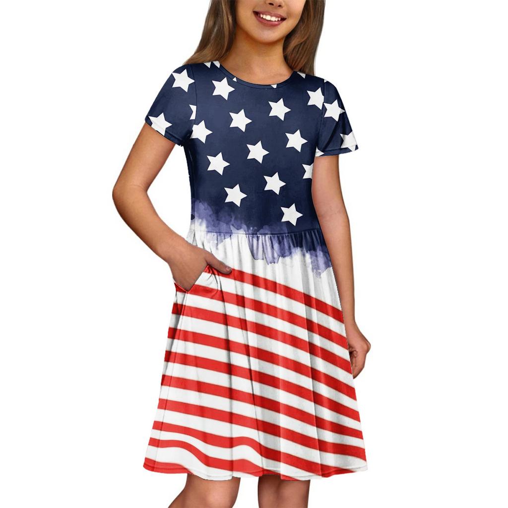 Mädchen Sommerkleid Einfarbig & Druck Ärmelloses Kleid mit Tasche Freizeitkleid Kurzarm Partykleid