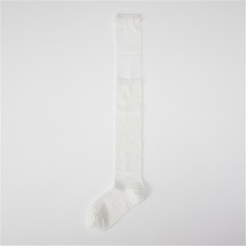 Solid Color Stretch Ruffle Trim Over Knee Long Socks for Women Japanese Student Sheer Mesh Splicing Thigh High Stockings