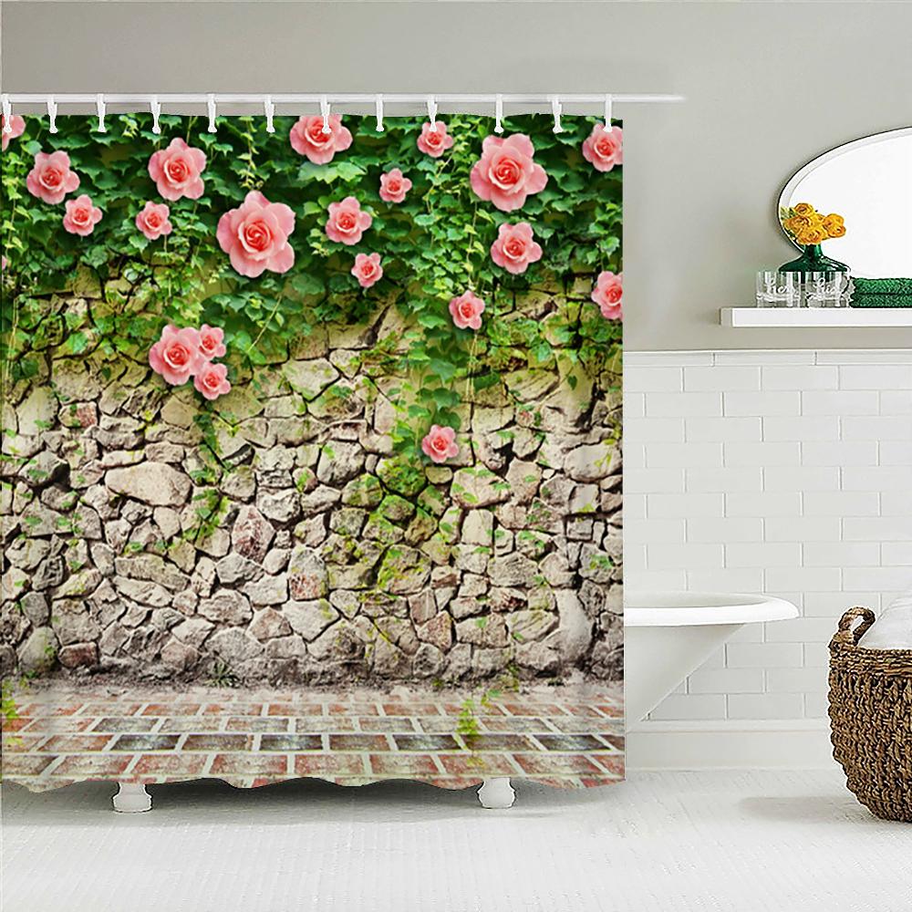 Vattentät Duschdraperi med Blommor Gräs Växt Stenmur för Badrum Badgardiner Extra Lång 180*200 CM 3d Duschdraperi