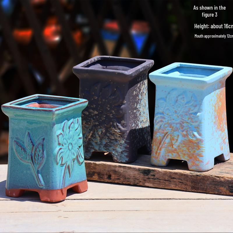 Creative Handmade Coarse Pottery Terracotta Pot - Large Square Glossy Glazed Planter with Low Breathable Rim for Succulents and Pothos