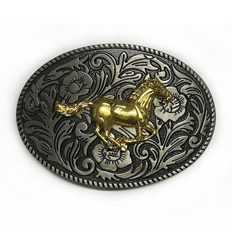 Ethnic Galloping Horse Oval Belt Buckle with Floral Design