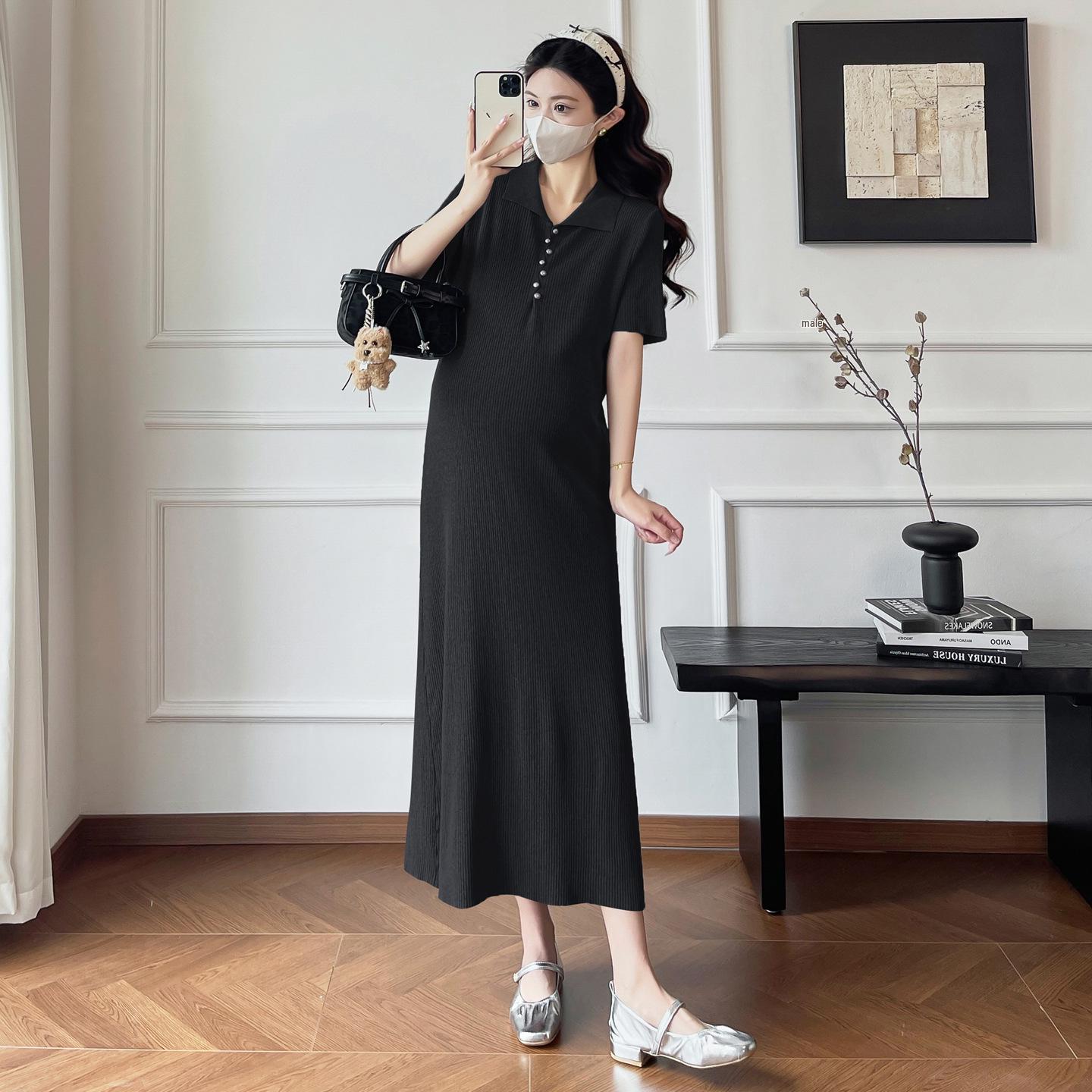 2026 Trendy Plus Size Korean Knitted Polo Collar Maternity Nursing Dress 2XL