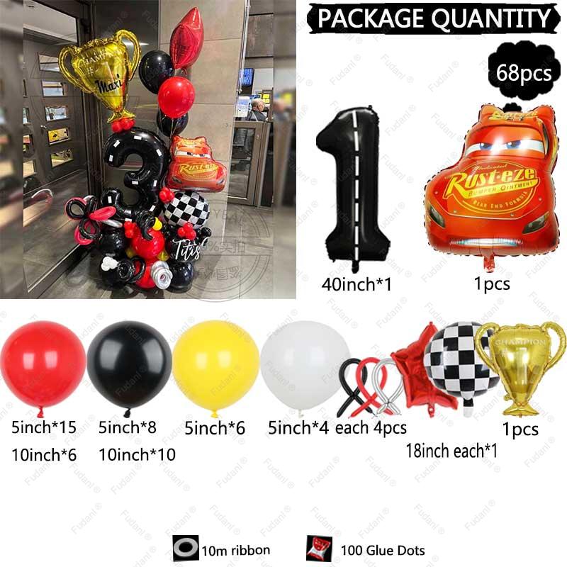 68PCS Cartoon Cars Series Lightning McQueen Red Yellow Black Latex Balloon Set 40inch Number Foil Ball Boy Birthday Party Favors
