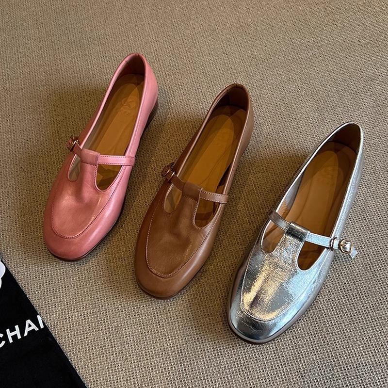 Sheepskin Version! Pink Single Shoes Women's French Round Head Light Mouth T-buckle with Skirt Flat Bottom Mary Jane Small Leather Shoes