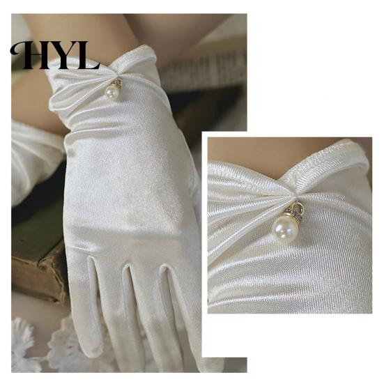 Wedding Bridal Gloves 1 Pair Faux Pearls Decor Shirring Cuffs Solid Color Elegant Short Wrist Satin