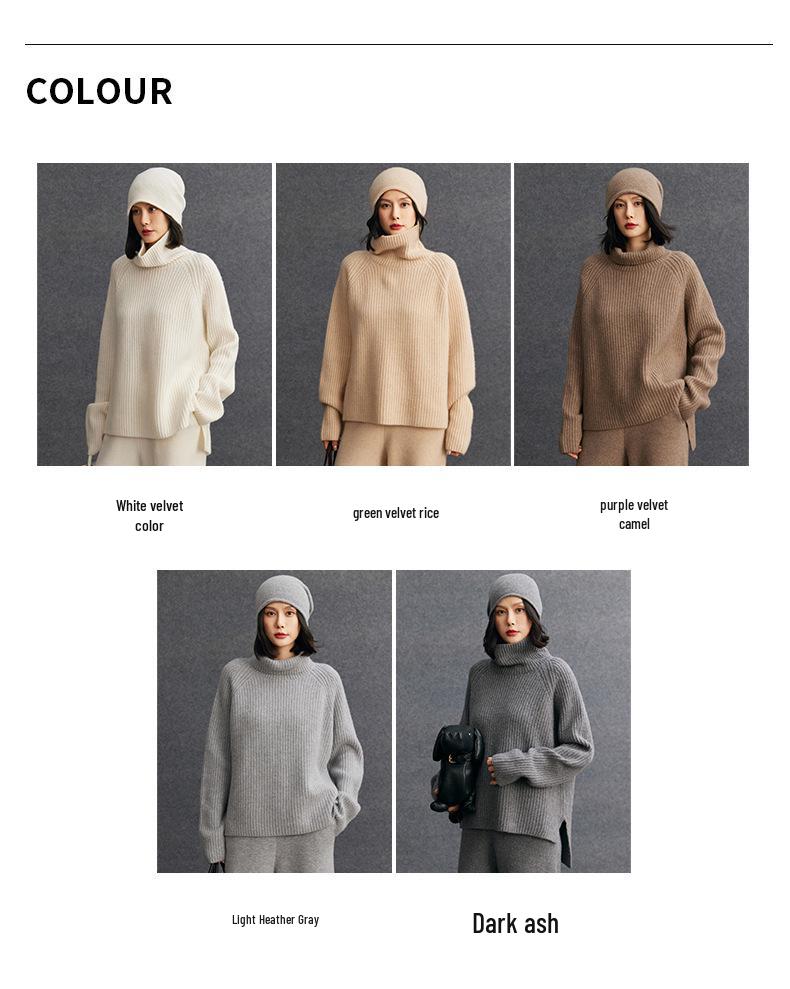 Women's High Neck Ribbed Knit Cashmere Sweater - Autumn/Winter Raglan Sleeve, Thickened Base Layer, Lazy Style