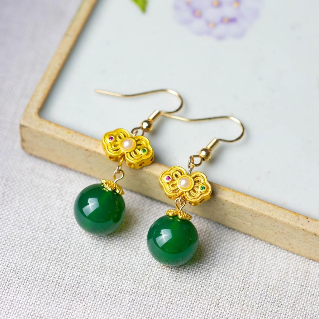 Xirui Natural Green Agate Round Bead Earrings for Women - Chinese Retro Fashion, Versatile Temperament, Ear Hook Style