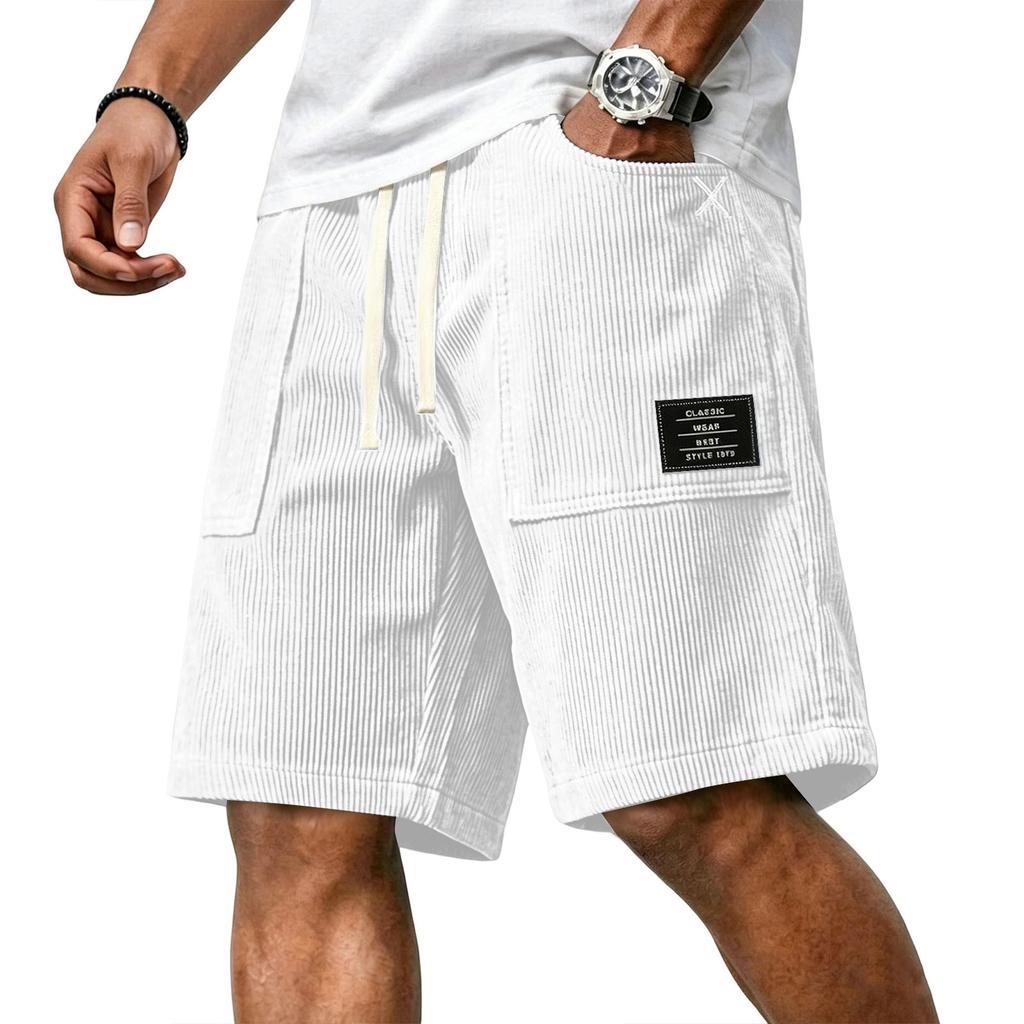 Men's Casual Corduroy Drawstring Shorts with Front Patch Pockets and Elastic Waistband Suitable for Everyday Wear and Outdoor Activities