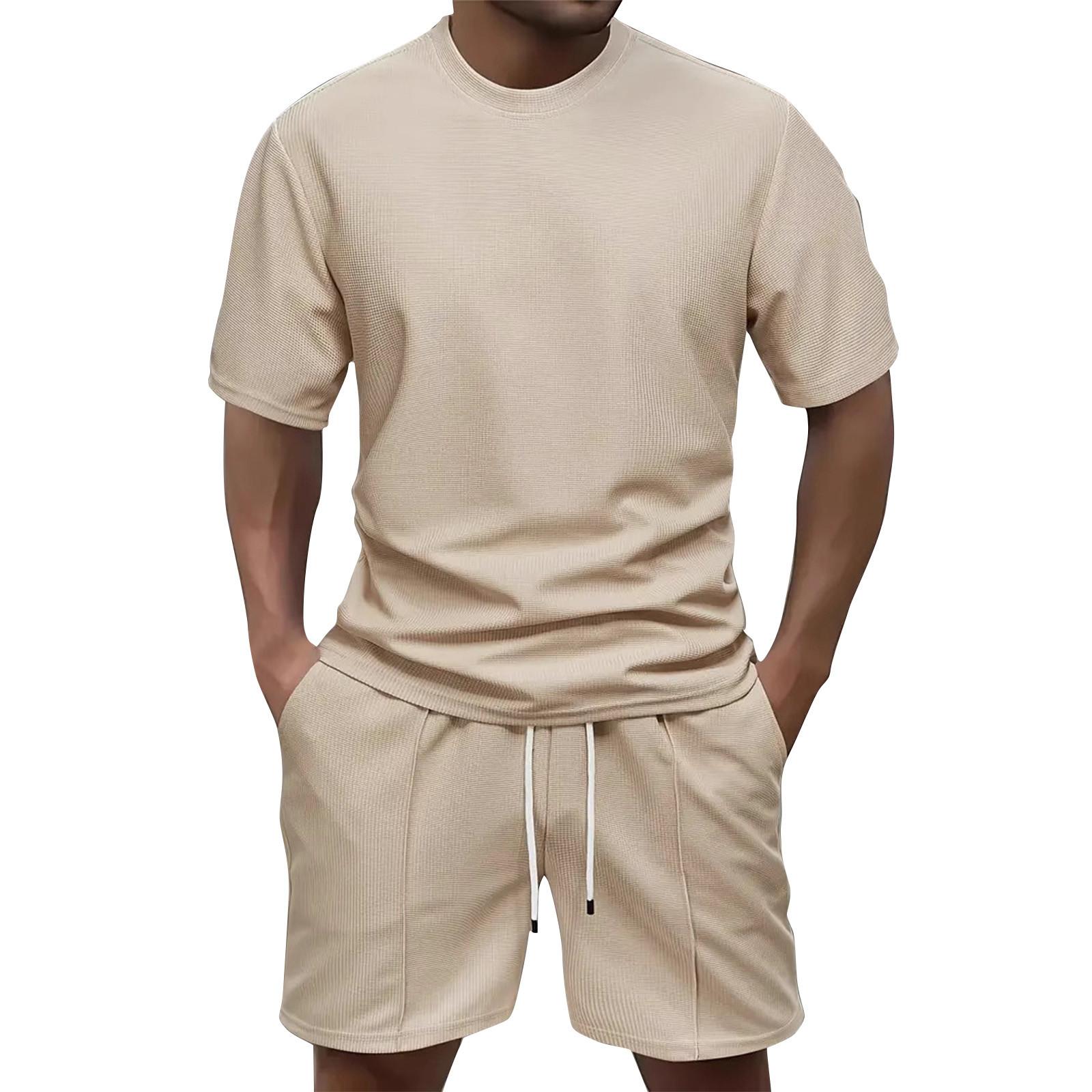 

Мужской комплект большого размера свободного кроя с короткими рукавами и шортами, однотонный повседневный комплект с рубашкой с короткими рукавами и шортами XXL бежевый