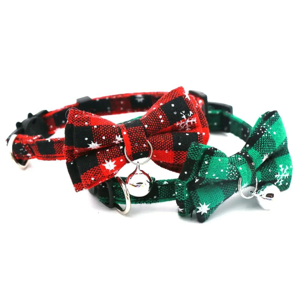 Bowknot Cat Small Dog Collar with Bell Plaid Snowflake Adjustable Breakaway Pet Puppy Kitten Safety Buckle Necklace Christmas