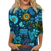 Women's Fashion Casual Round Neck Three-quarter Sleeve Retro Floral Print T-shirt Top