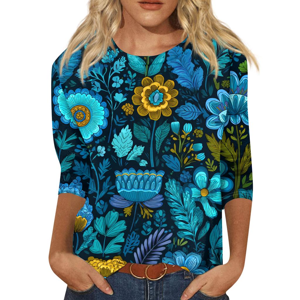 Women's Fashion Casual Round Neck Three-quarter Sleeve Retro Floral Print T-shirt Top