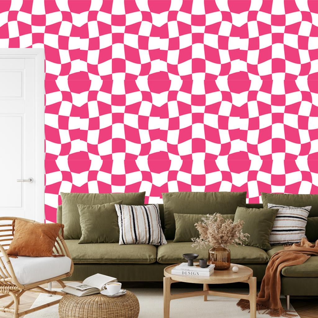 Wallpaper Casual Checkerboard Pink and White for Living Room and Bedroom 50x1000