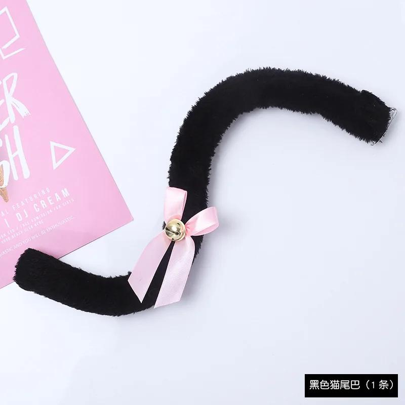 Plush Long Cat Tail with Ribbon Bowknot Bell Plush Furry Cat Ears Headwear White Lace Women Girls Party Cosplay