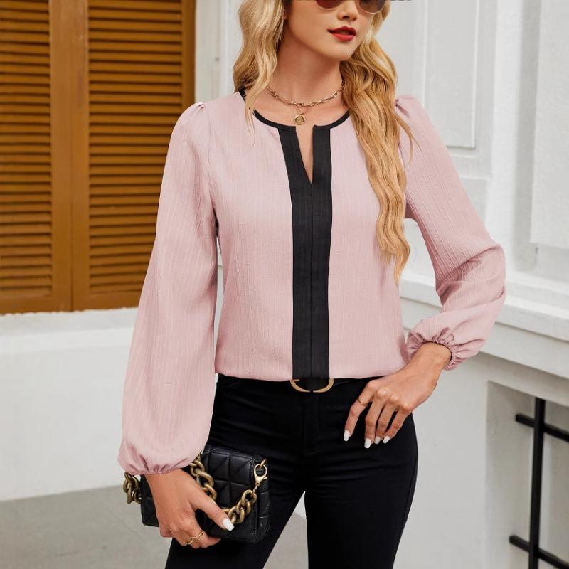 Haut de chemise à manches longues bouffantes à col en V et à assortiment de couleurs pour femmes