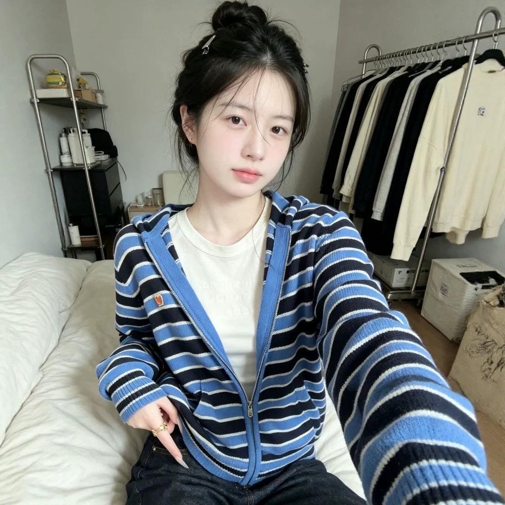 Women's Retro Color Block Knit Cardigan with Hood