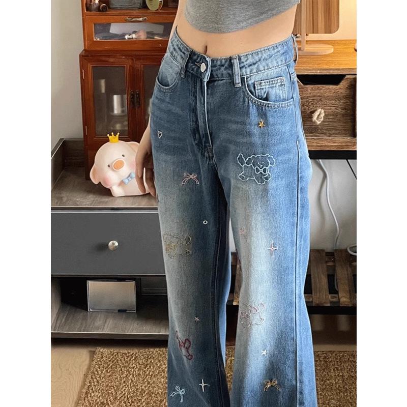 Women's High-Waist Retro Puppy Embroidery Wide Leg Jeans