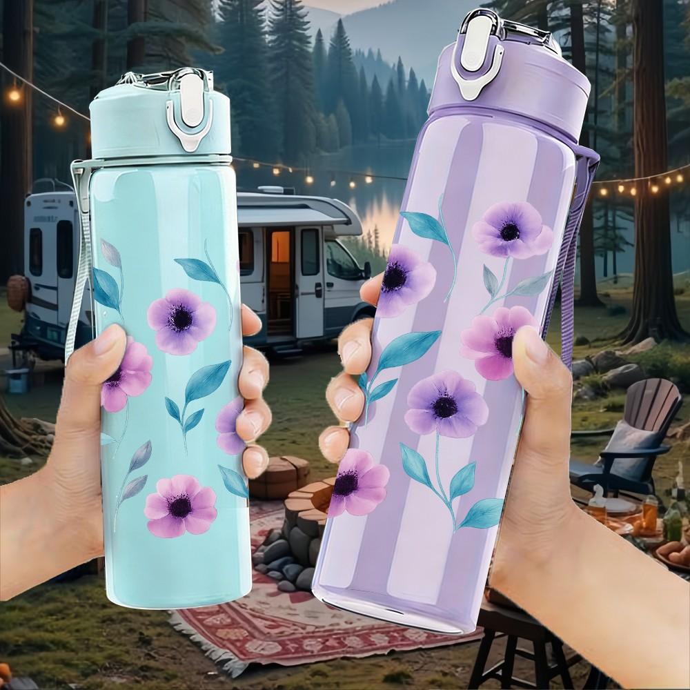 1PC Purple Wildflower Pattern 750ml Color Plastic Sports Water Bottle Leakproof Flip Straw Lid Suitable for Sports Office Home Use