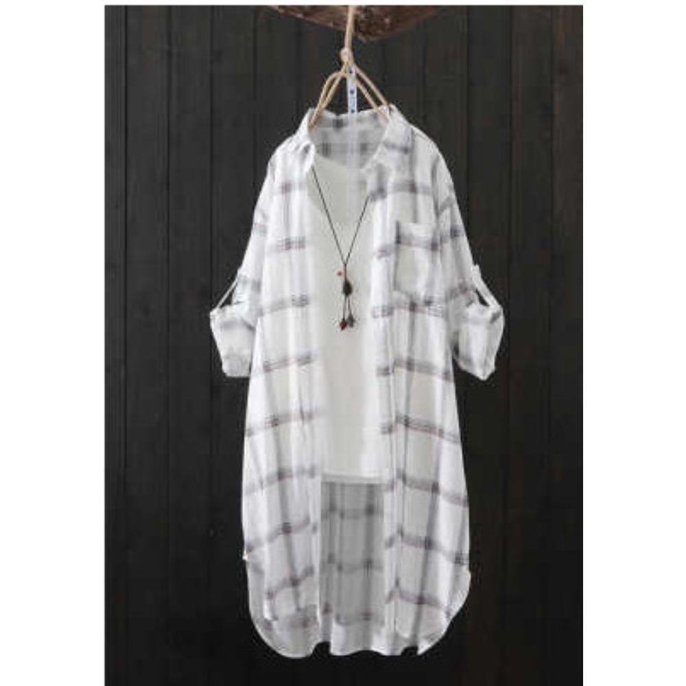 Women's Point Collar Long Sleeve Plaid Blouse Loose Fit Casual Cotton Tunic Shirt Outerwear