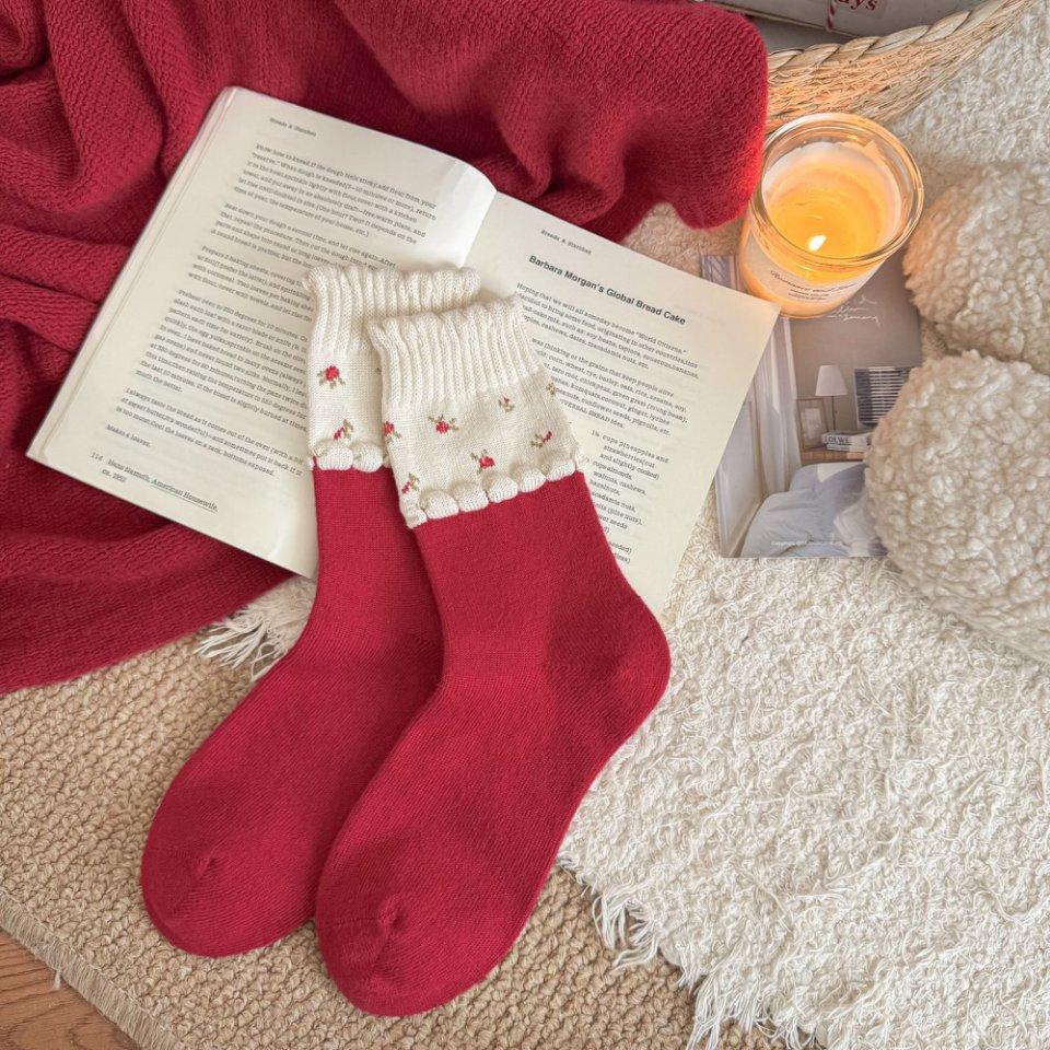Шерстяные Носки - Детские Осенние и Зимние Красные Толстые и Теплые Носки для Сна, Новогодние Носки для Дома 1 pair
