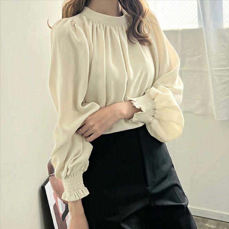 Cross-Border Japanese and Korean Sweet Fashion Commuter Ol Spring/Summer New Arrival Stand Collar Not Wrinkle Loose Bubble Long Sleeve Chiffon Shirt