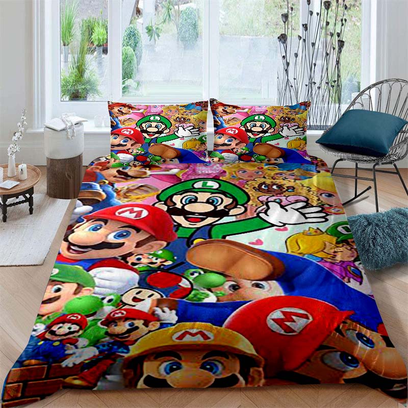 3D printed Super Mario World bedding set, a three-piece set including a printed duvet cover and pillowcases, available in adult
