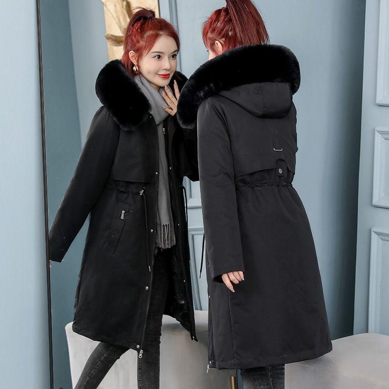 Removable Lining Plus Velvet Parka Women's New Winter Korean Style Mid-length Loose Thickened Cotton Jacket