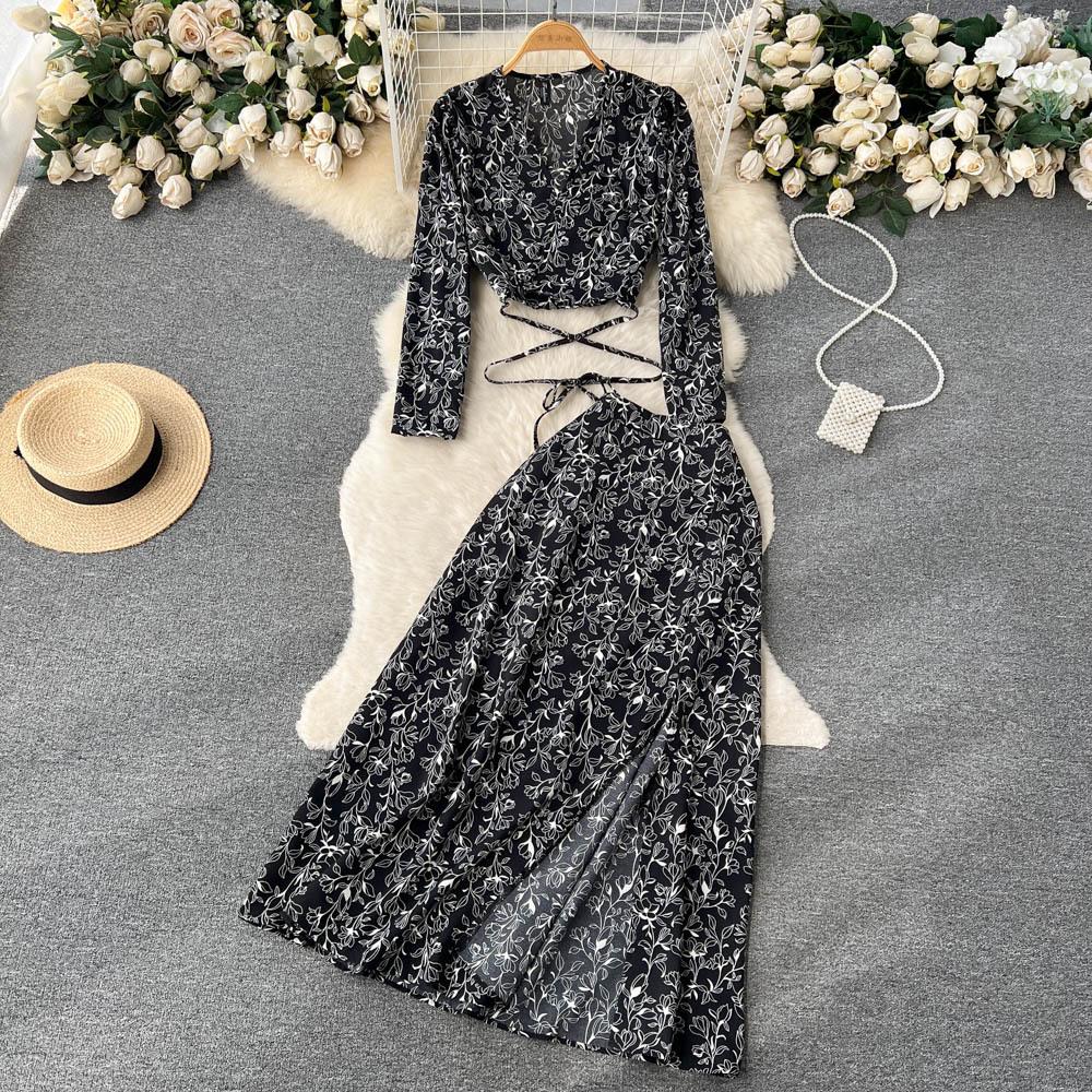Women Vacation Bohemian Two Pieces Suits Summer Lace Up Top Split Long Skirt Sets