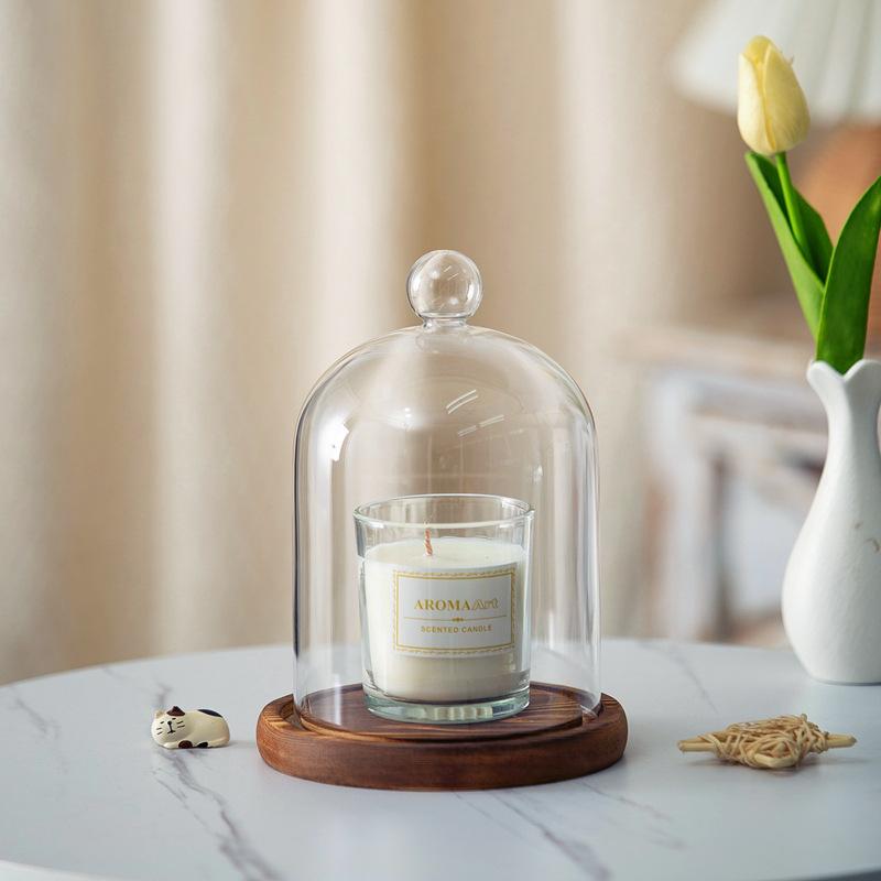 Aromatherapie Kerzenhalter Ornamente Staubdichte Glasabdeckung Holzsockel Aromatherapie Kerzenabdeckung Displaybox Heimdekoration