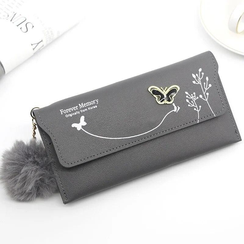 Butterfly Designer Women Long Wallets PU Leather Money Bag Solid Wool Ball Bow Clutch Bag Large Capacity Card Bag Coin Purse