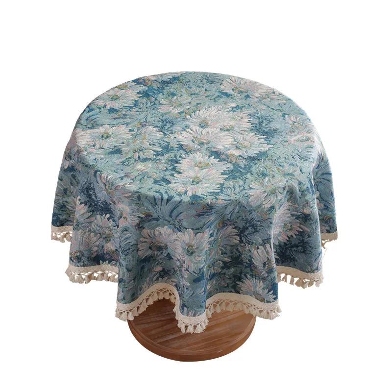 Floral Linen Cotton Tablecloth With Tassel Blue Retro Table Table Cover Round Dining Table Cover Tea Cloth Desktop Decoratio