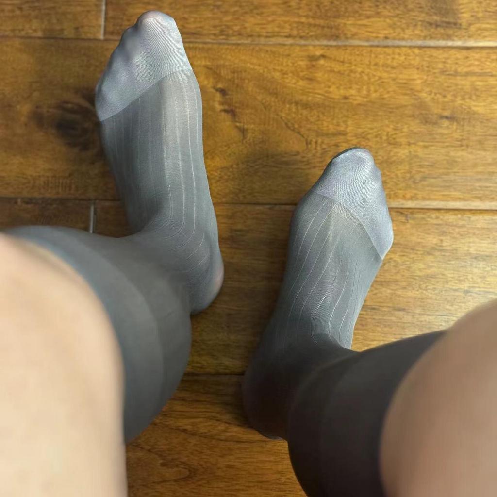 Zhou Men's Silk Nylon Stockings - Striped, Mid-Length, Business Formal Wear