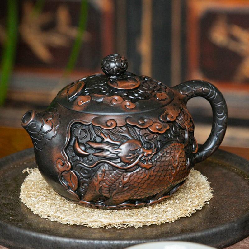 Purple Pottery Vintage Handmad Teapot Ceramic Carve Kung Fu Teapot Single Teapot Pu'er Tea Making Tea Sets Chinese Tea Pot
