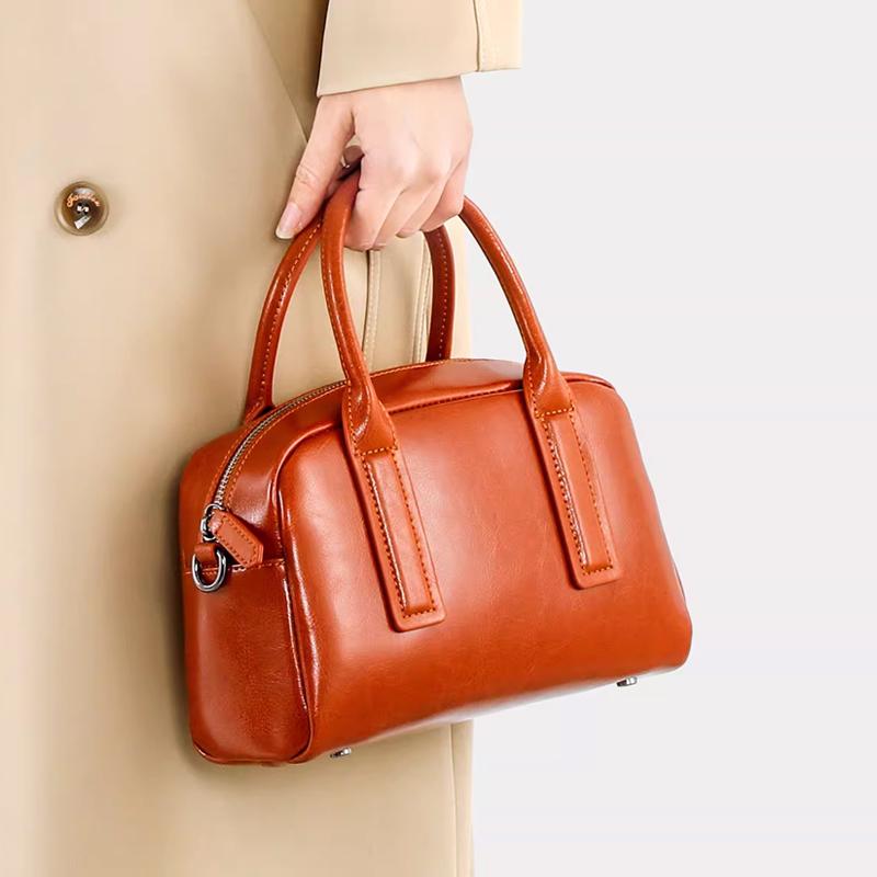 NEW Women's Chic Genuine Leather Bowling Bag Luxury Designer Handbag Soft Waxed Cowhide Ladies Crossbody shoulder Bag