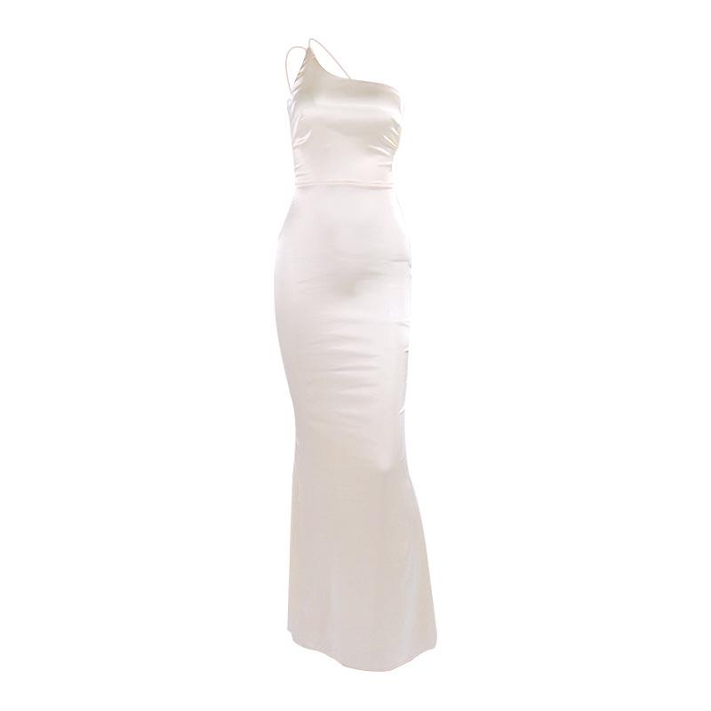 New Backless Dress, European and American Sexy Women's Clothing Slanted Shoulder Satin Hip Wrap Fishtail Dress Dress